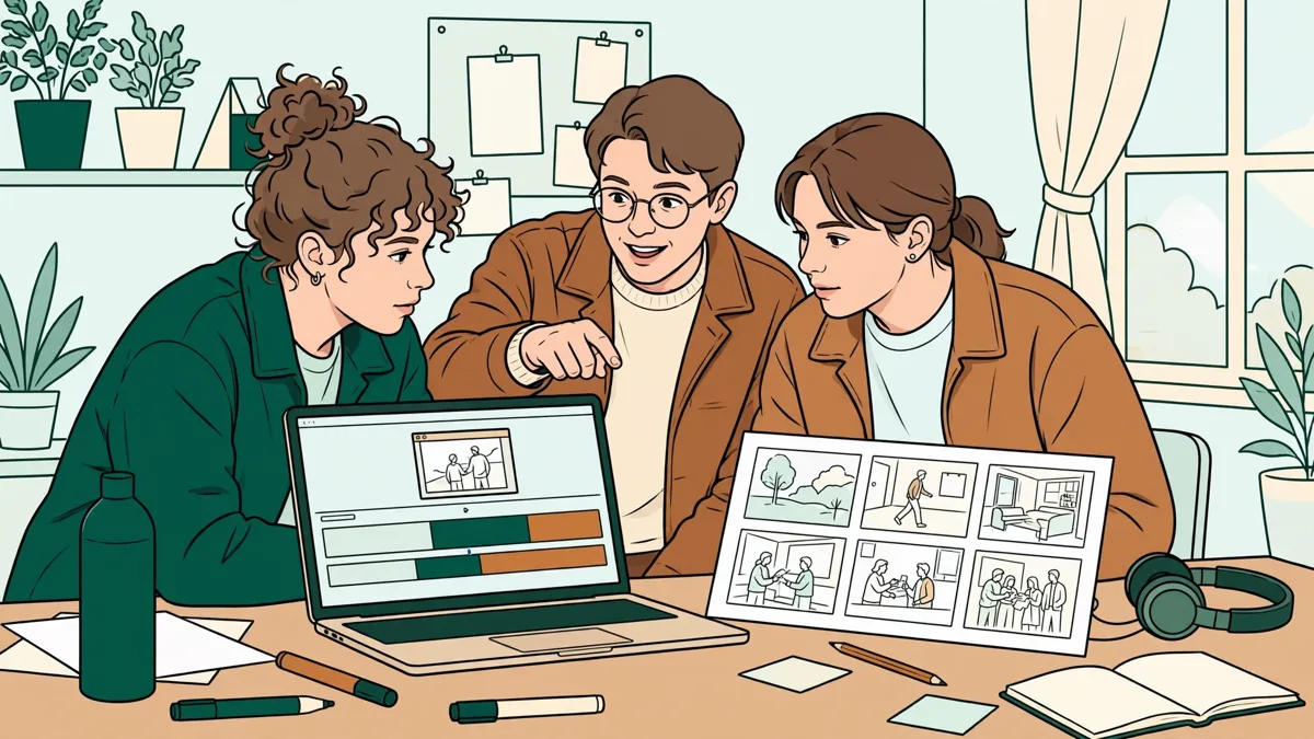 Trois étudiants autour d'une table en train de monter une courte vidéo sur un ordinateur portable, storyboard à côté.