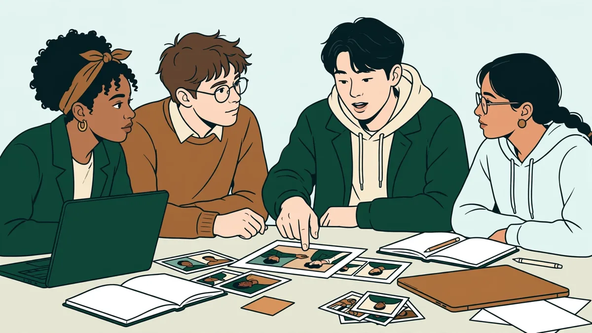 Petit groupe d'étudiants qui débattent autour d'une table en analysant des images