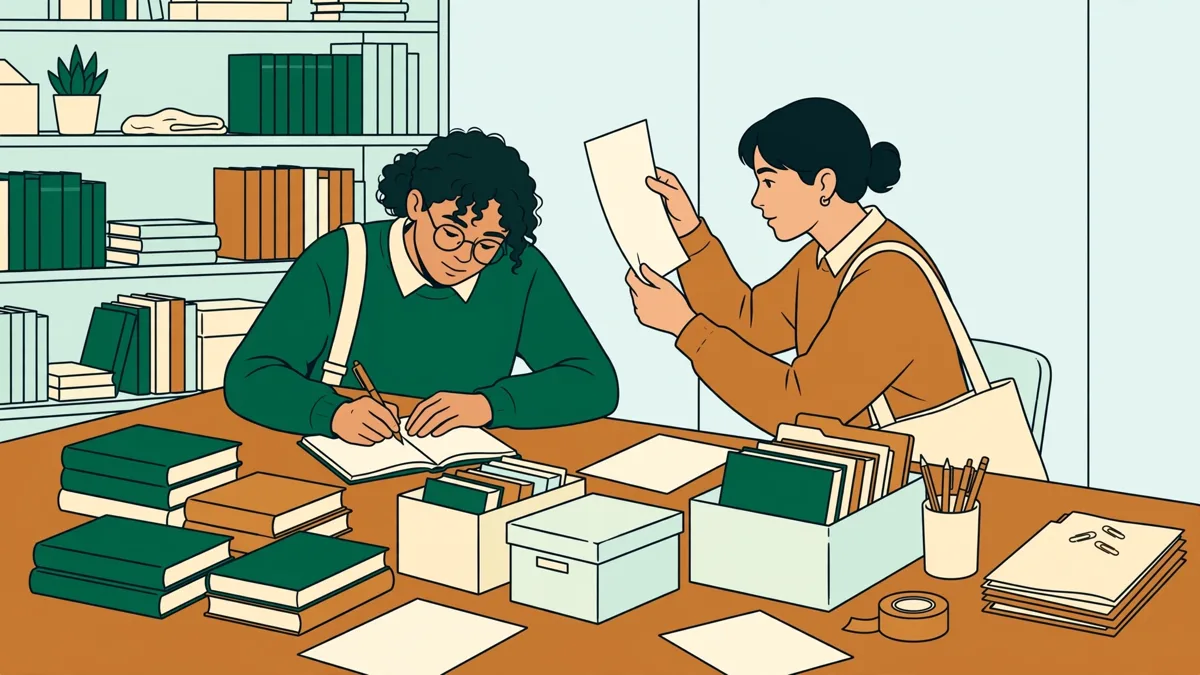 Deux étudiantes en action qui trient et décrivent des documents dans une salle de bibliothèque