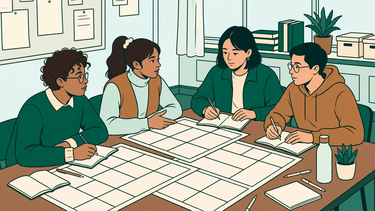 Trois étudiantes et un étudiant autour d'une table qui comparent des maquettes de journaux aux pages blanches et discutent en prenant des notes.