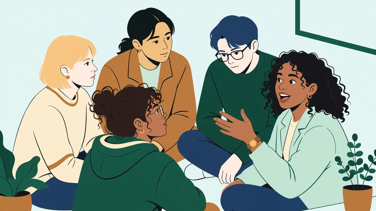 Cinq étudiants en cercle dans une salle de cours qui échangent avec animation, l'une d'elles gesticule pendant que les autres écoutent et sourient.