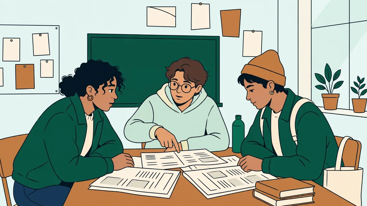 Trois étudiants autour d'une table qui comparent des articles imprimés et débattent, l'une pointant une page