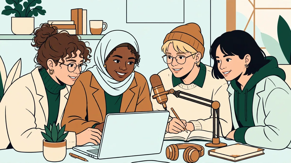 Quatre étudiants qui préparent ensemble un enregistrement audio avec un micro et un ordinateur portable