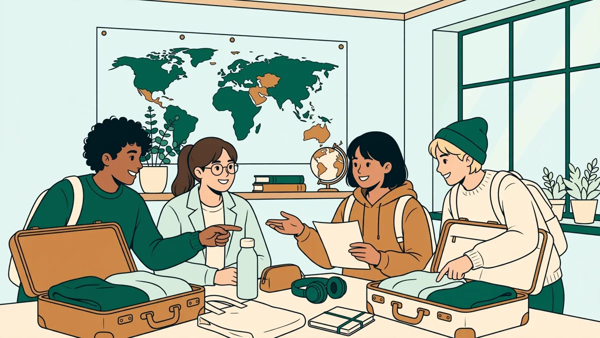 Petit groupe d'étudiants qui préparent un semestre d'échange avec une carte du monde et des valises dans une salle universitaire