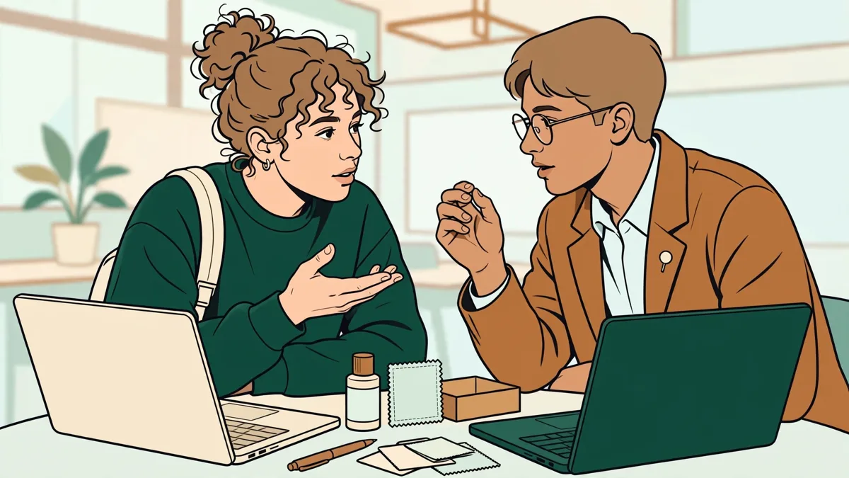 Deux étudiantes qui jouent une négociation commerciale en langues étrangères autour d'une table avec ordinateurs et échantillons de produits