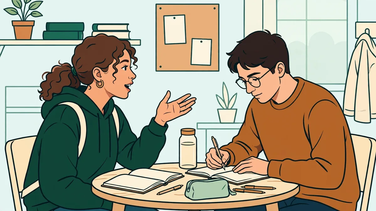 Deux étudiantes en LEA en plein exercice d'expression orale, l'une parle pendant que l'autre prend des notes, autour d'une petite table en salle de cours.