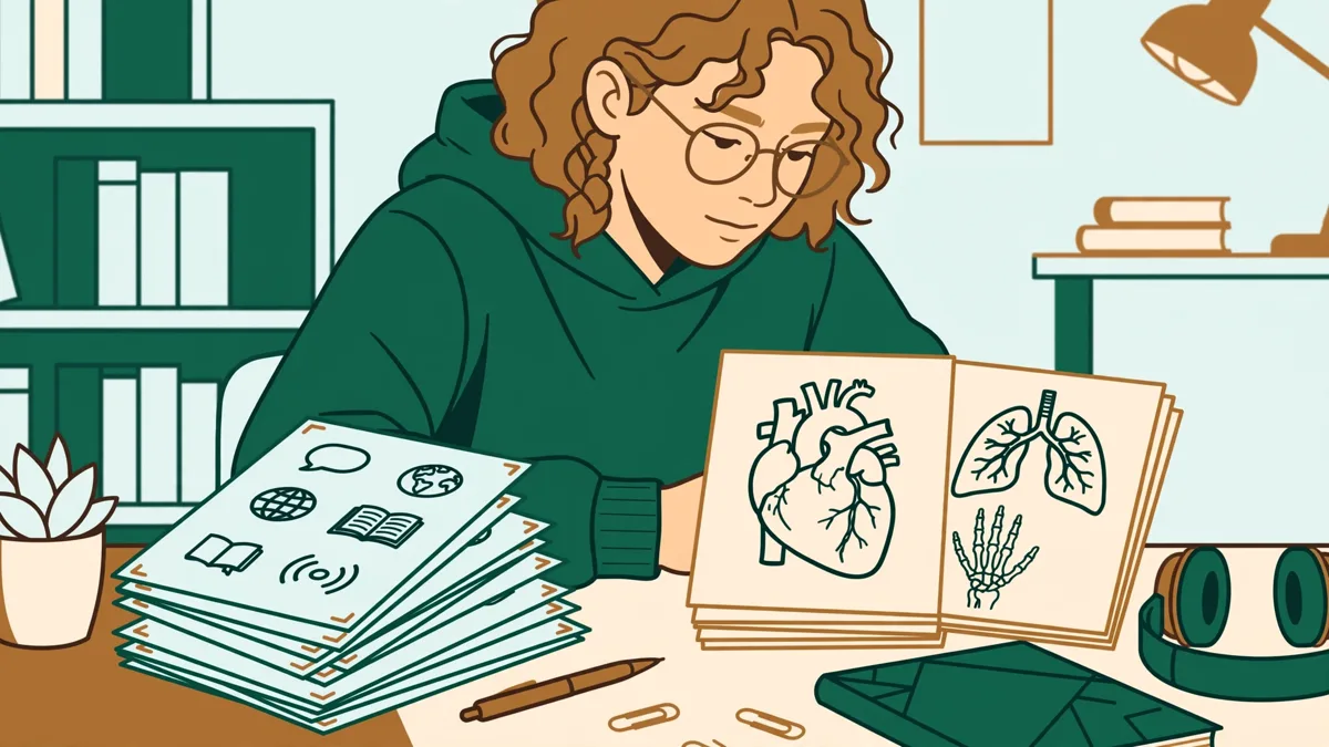 Une étudiante en bibliothèque avec deux piles de fiches, des notes de langues d'un côté et des schémas de santé de l'autre, en train de réviser.