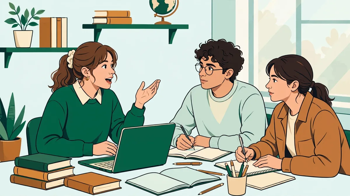 Trois etudiants en plein travail oral en TD de langues, l'une parle pendant que les autres prennent des notes