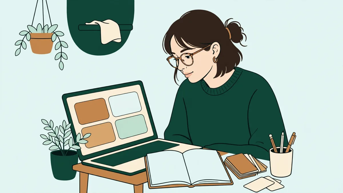 Illustration dessinée d'une étudiante à son bureau devant un ordinateur portable en cours de langue en vidéo, carnet et fiches à côté.