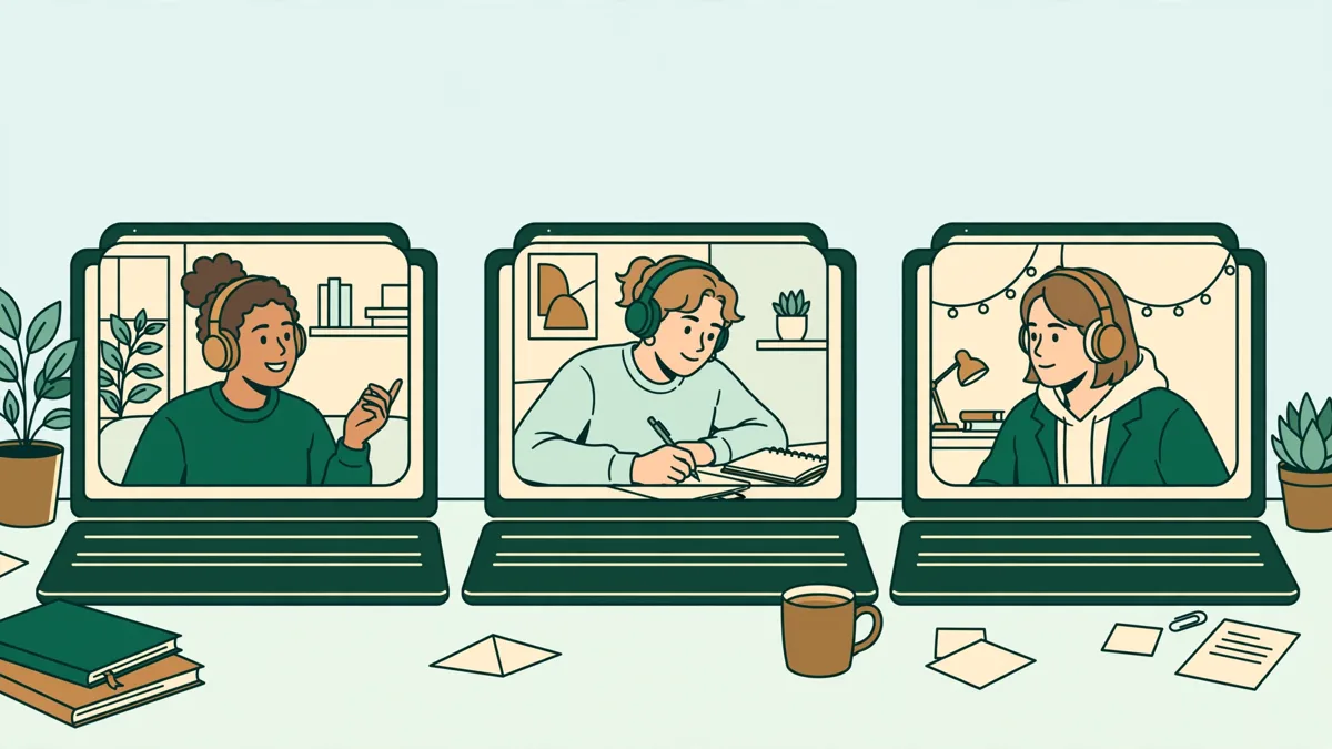 Illustration dessinée de trois étudiants en appel vidéo qui préparent ensemble un exposé, chacun devant son écran avec un casque.