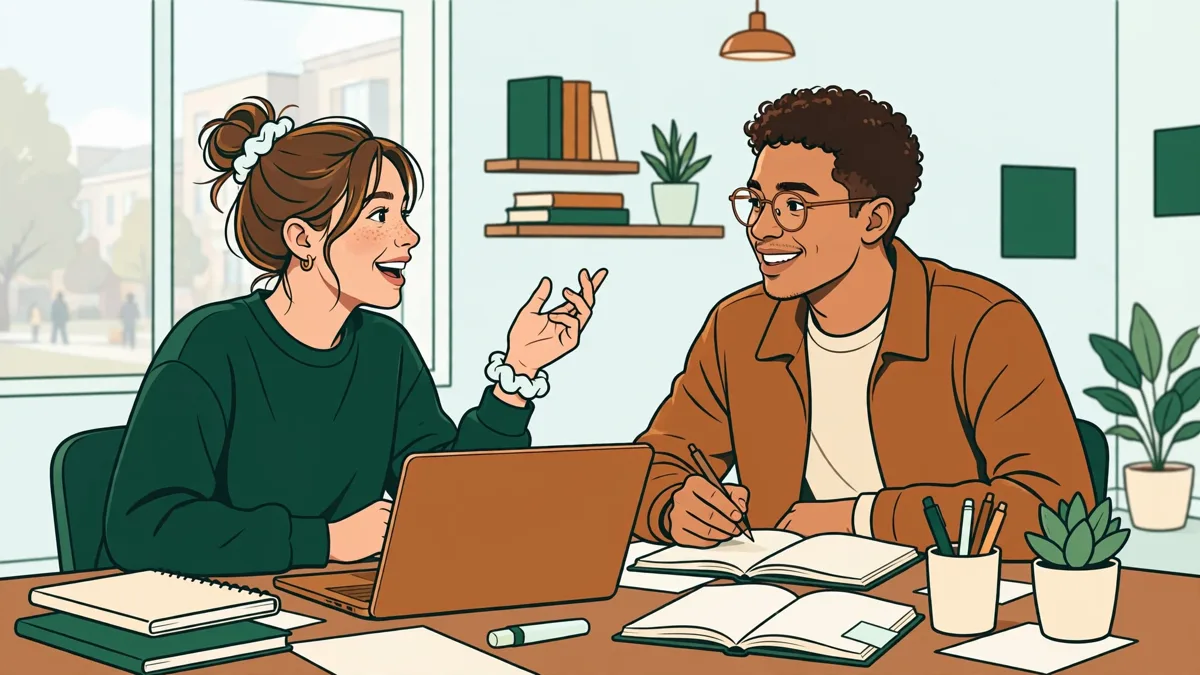 Deux étudiantes préparant un projet en langues avec un ordinateur portable et des notes, en discussion animée dans une salle lumineuse du campus