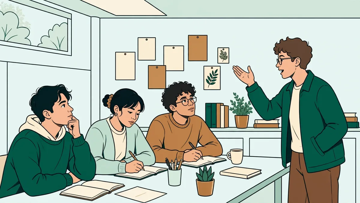 Petit groupe d'étudiants en travaux dirigés de langue autour d'une table, l'un présente un exposé pendant que les autres prennent des notes et réagissent