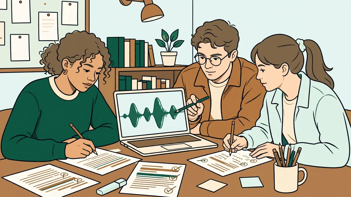 Trois étudiants autour d'une table qui observent une courbe de voix sur un ordinateur portable et annotent des phrases.