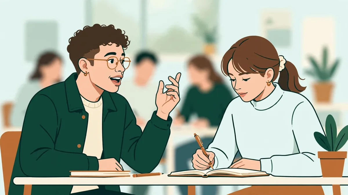 Deux étudiantes en tandem de langue dans une petite salle, l'une parle en espagnol pendant que l'autre prend des notes et corrige.