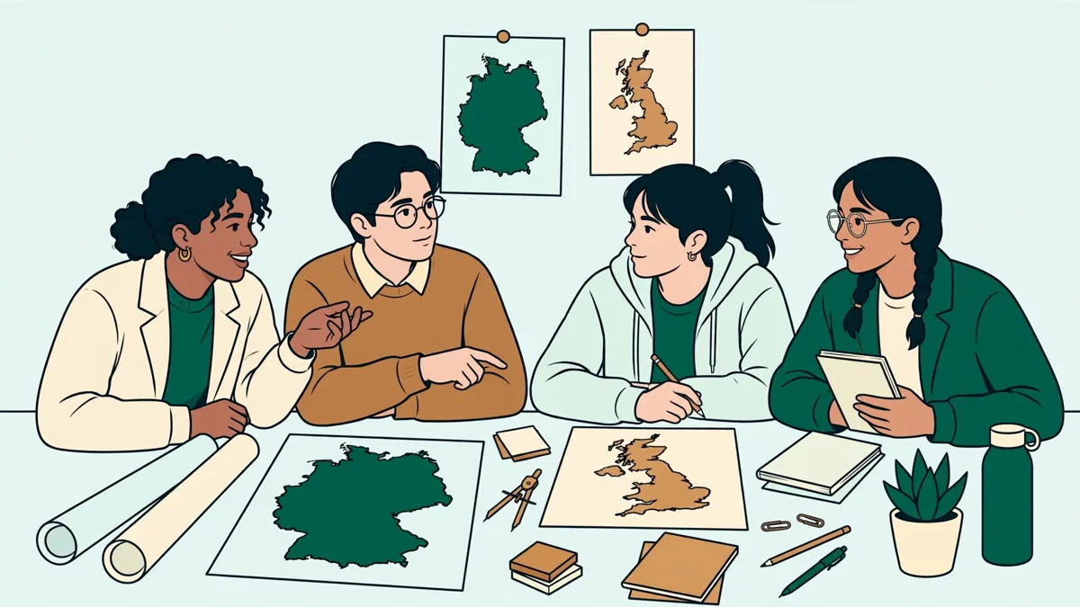 Quatre étudiants en LEA autour d'une table qui préparent un séjour en Allemagne et en Angleterre, avec cartes, carnets et affiches.