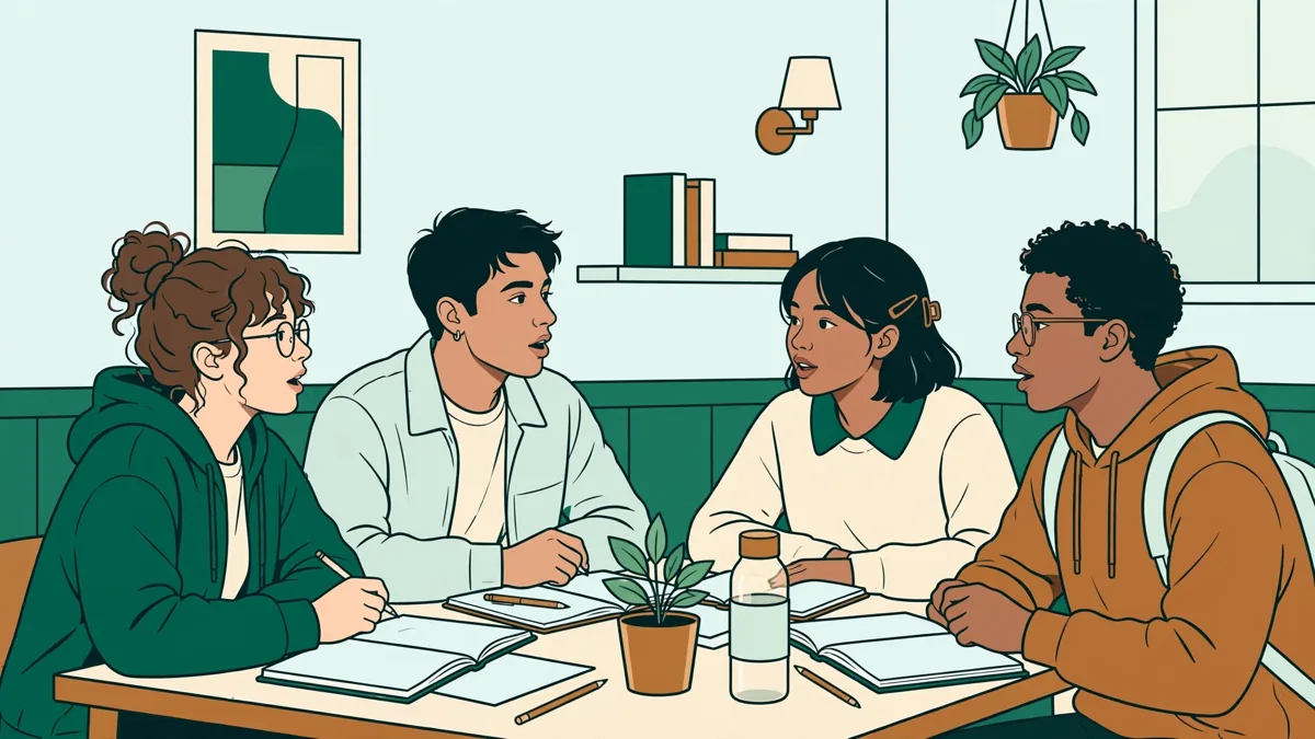 Illustration dessinée d'étudiants débutants en portugais qui répètent une prononciation à voix haute autour d'une table, carnets ouverts