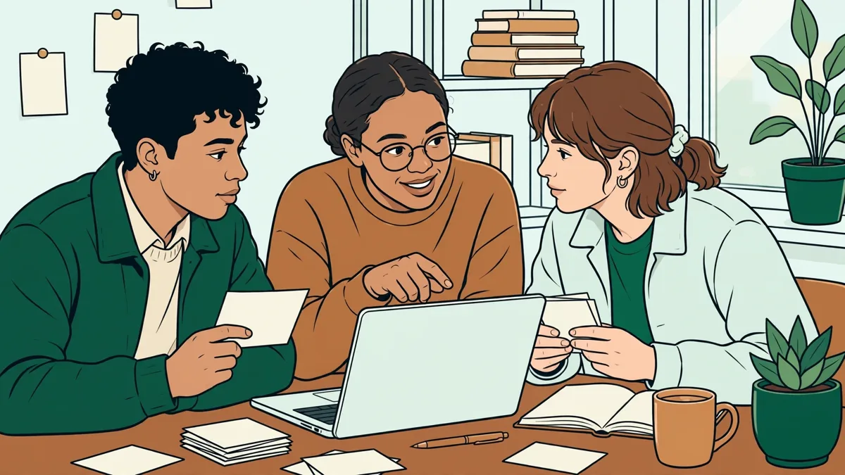 Illustration dessinée de trois étudiants en LEA qui préparent une présentation bilingue avec un ordinateur portable et des fiches