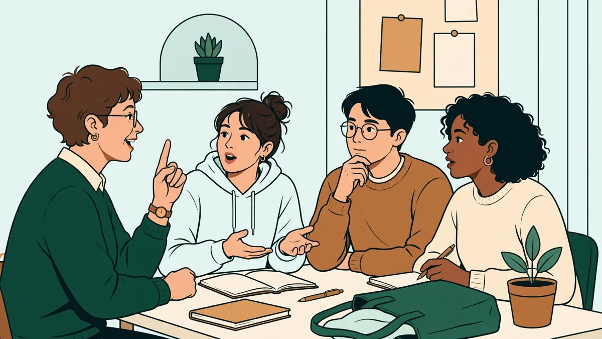 Des étudiants débutants qui pratiquent le russe à l'oral en petit groupe, guidés par leur enseignante