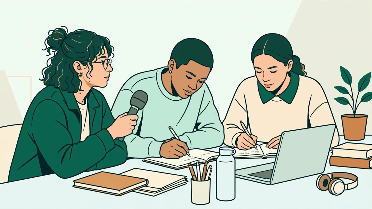 Trois étudiants autour d'une table qui préparent un sujet vidéo en anglais et en espagnol, l'une tient un micro et les autres prennent des notes