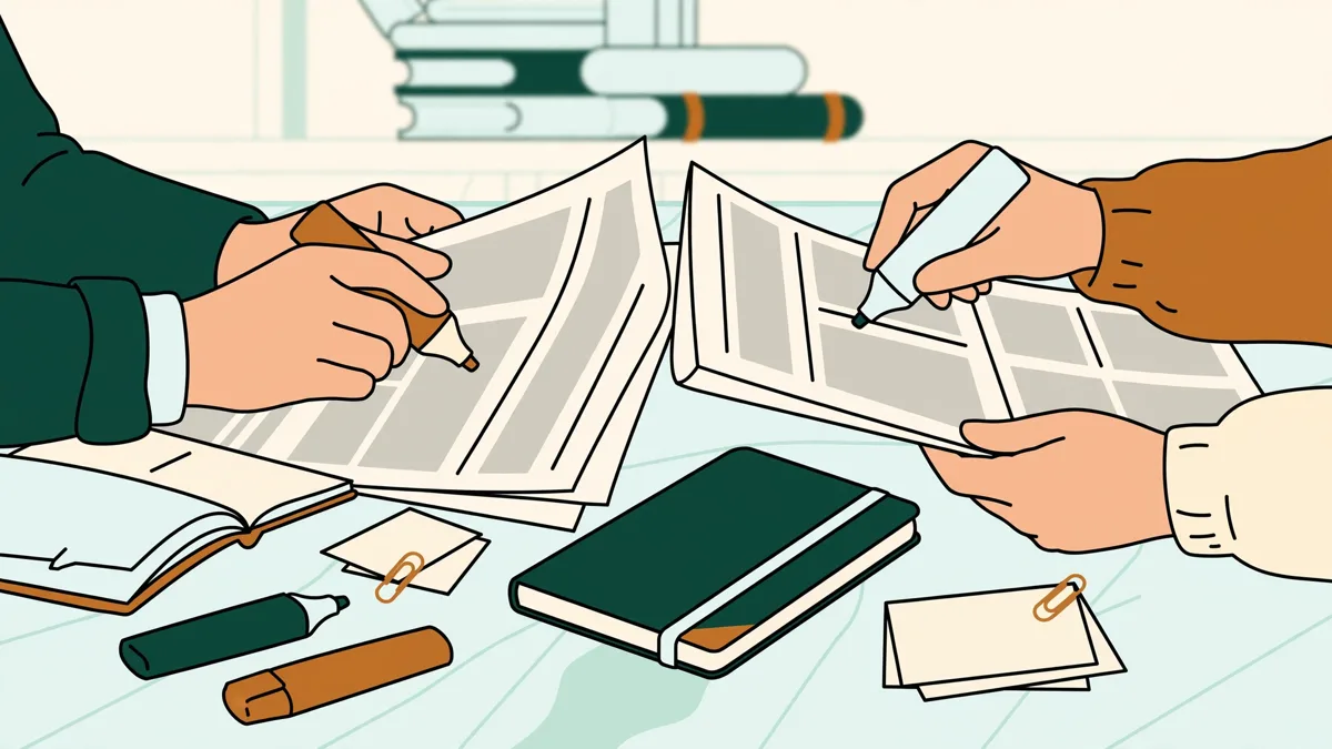 Deux étudiants qui comparent des articles de presse en anglais et en espagnol et surlignent des passages sur une table de bibliothèque