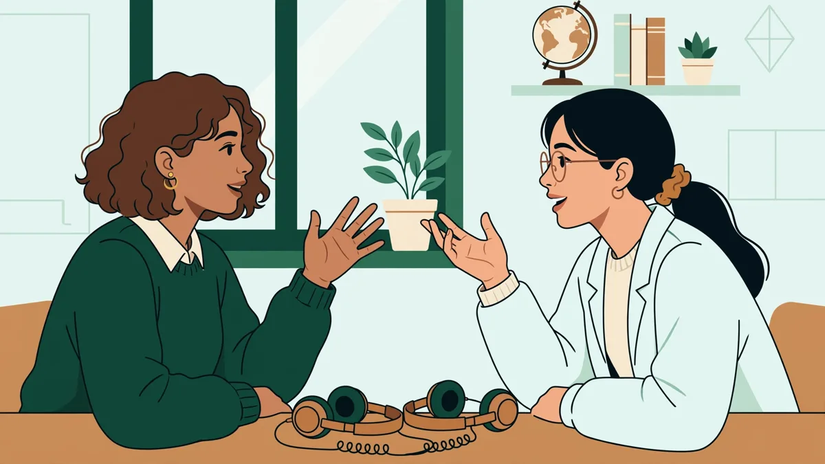 Deux étudiantes en LEA en train de pratiquer une conversation en chinois et en anglais dans une salle de langues, gestes et écoute active.