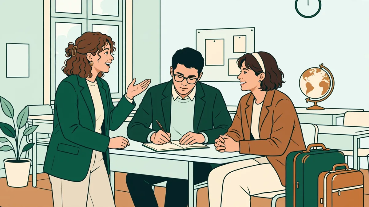 Trois étudiants en tenue professionnelle en pleine simulation d'accueil de visiteurs étrangers, avec valises et carnets, en salle de cours.