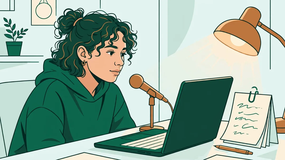 Un étudiant qui s’enregistre en espagnol devant son micro et son ordinateur, avec son brouillon et son plan posés à côté