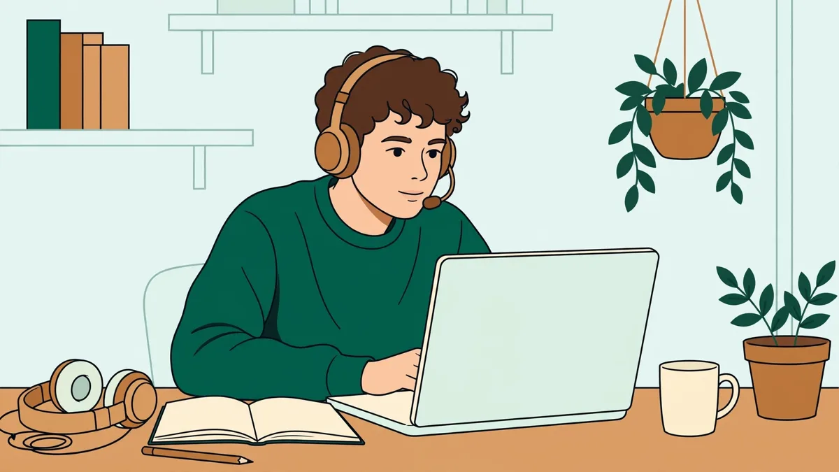 Une étudiante en LEA à distance devant son ordinateur portable, casque sur les oreilles, qui prend des notes pendant un exercice d’espagnol affiché à l’écran