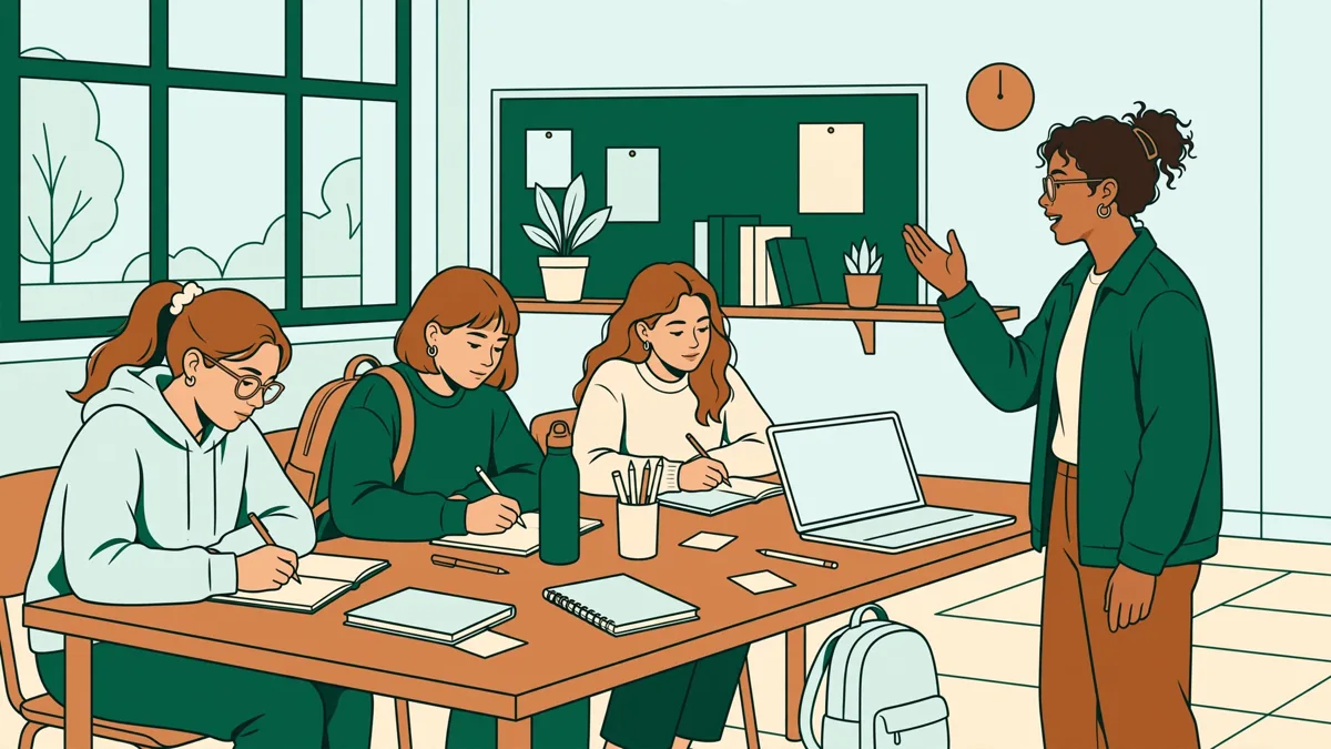 Quatre étudiants préparant ensemble un exposé en espagnol, l'une parle debout devant un ordinateur portable pendant que les autres prennent des notes
