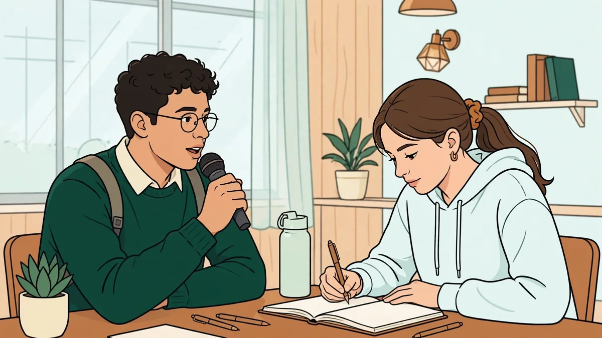 Deux étudiants en travaux dirigés de langues, l'un parle au micro pendant que l'autre prend des notes pour reformuler, dans une salle de classe lumineuse