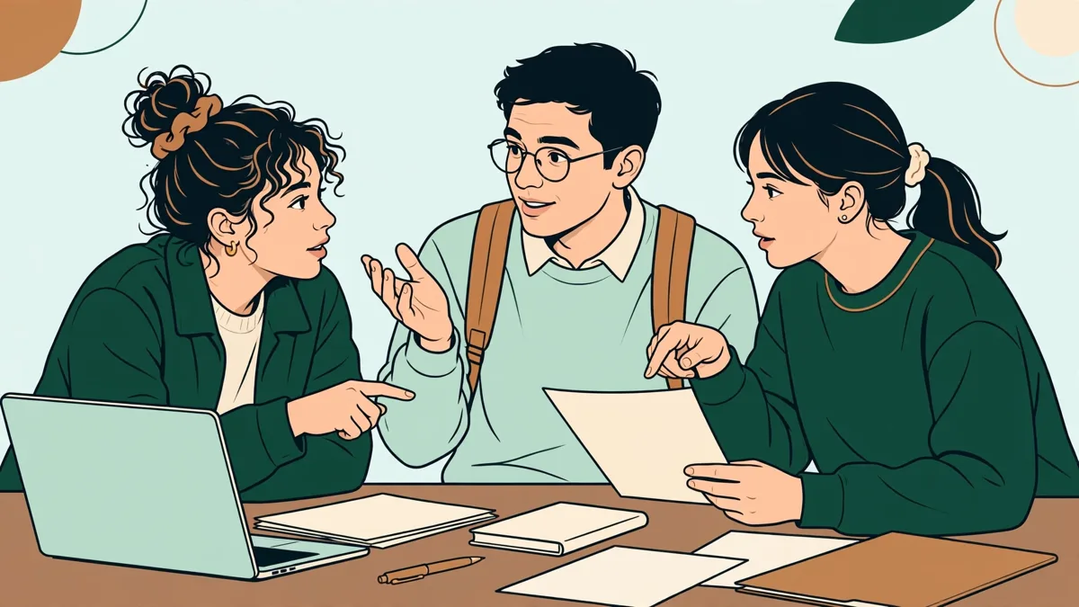 Petit groupe d'étudiants autour d'une table qui préparent une présentation bilingue avec un ordinateur portable et des documents