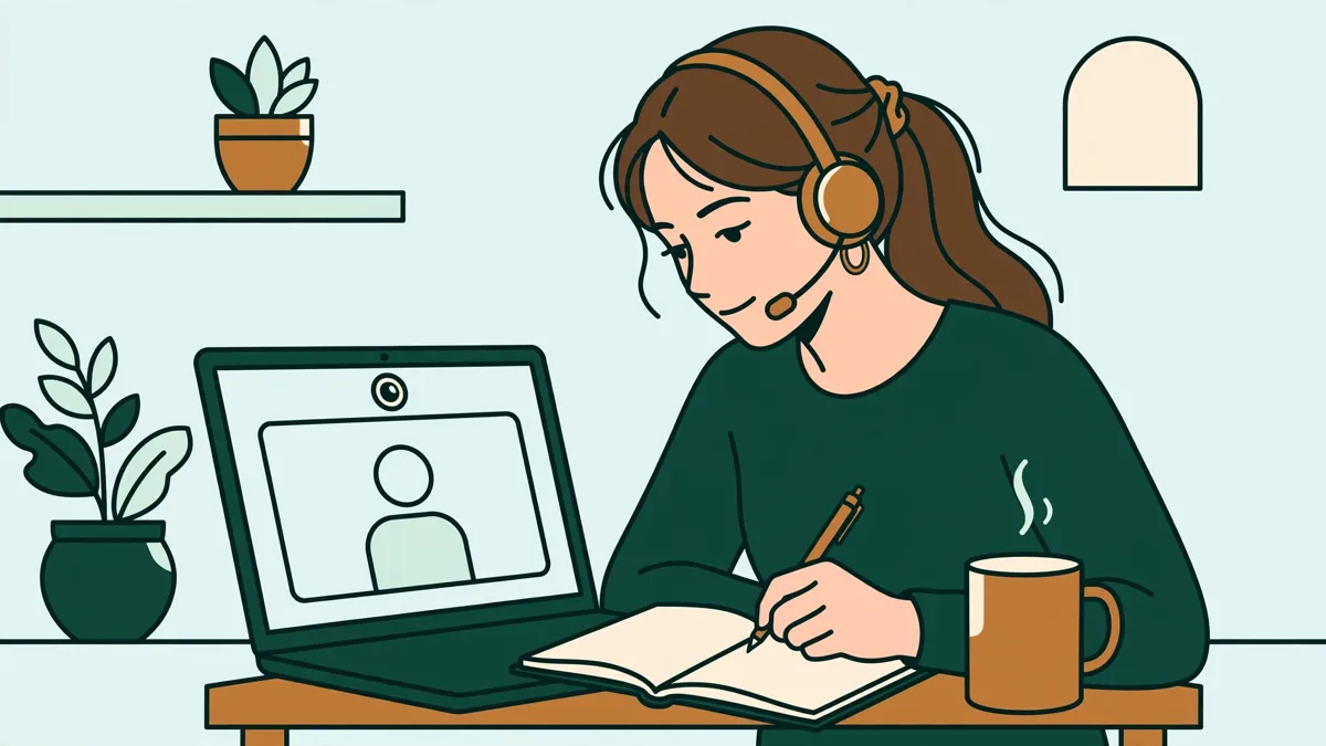 Une étudiante à son bureau à la maison, casque sur les oreilles, qui suit un cours de langue en ligne et prend des notes.