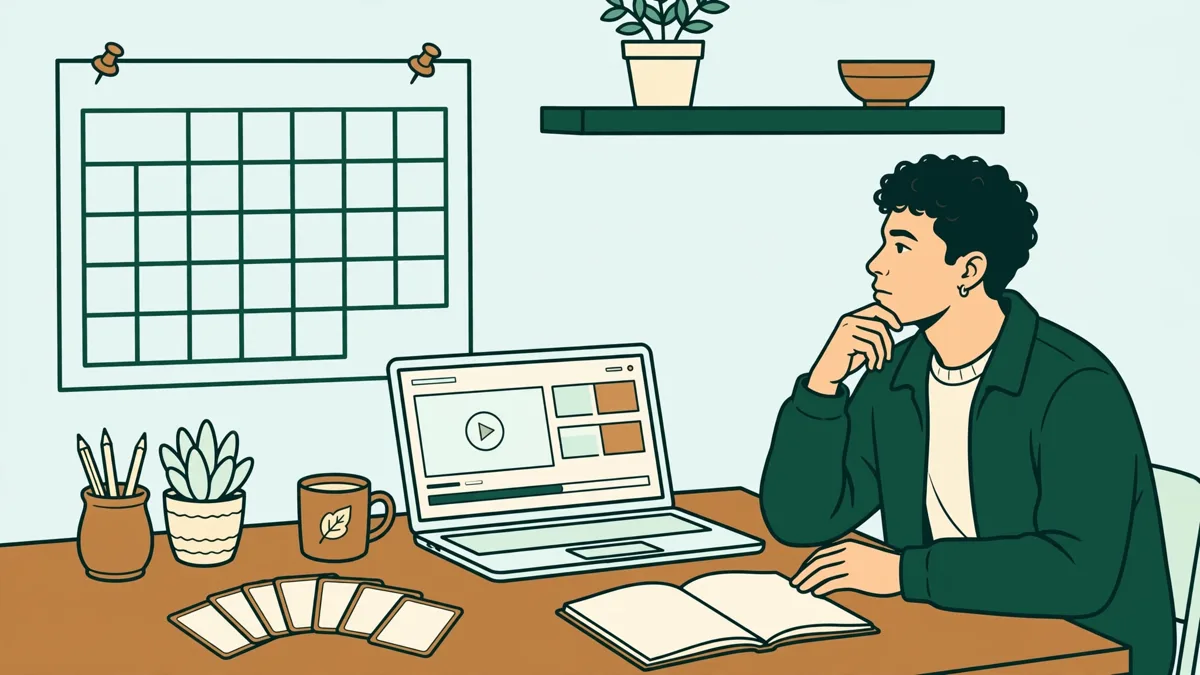 Un étudiant qui organise sa semaine de travail à distance avec un planning, un ordinateur et des fiches de vocabulaire.