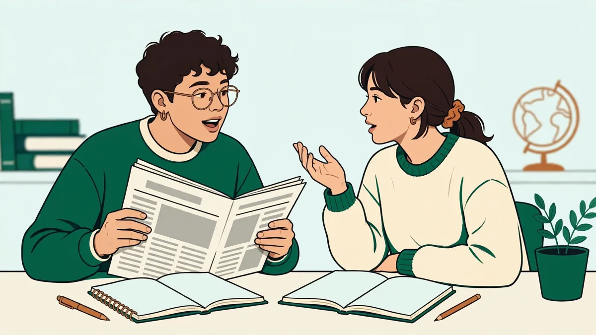 Deux étudiantes en travaux dirigés, l'une lit un article en anglais, l'autre répond en italien, carnets et dictionnaires ouverts.