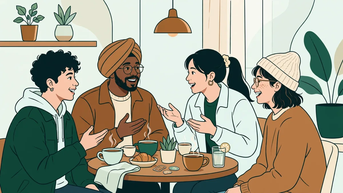 Un petit groupe d'étudiants autour d'une table de café associatif, en pleine conversation animée en plusieurs langues.