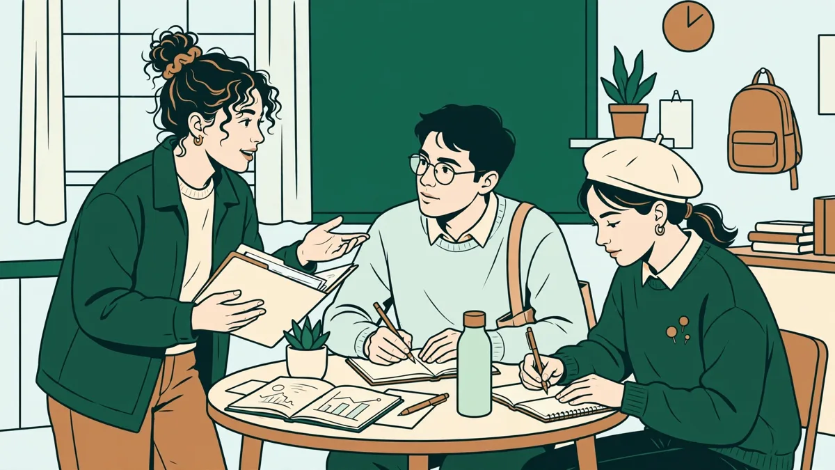 Trois étudiantes qui jouent une négociation commerciale bilingue autour d'une table, l'une présente un dossier pendant que les autres prennent des notes