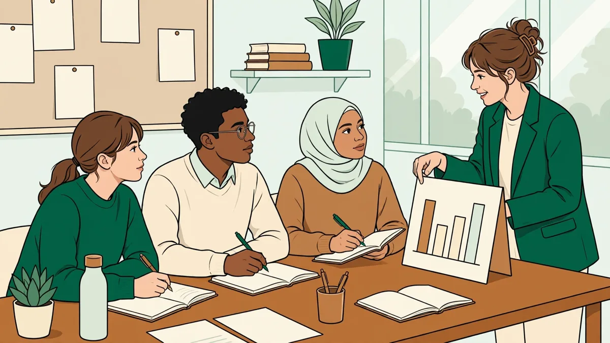 Quatre étudiants autour d'une table rejouent une négociation commerciale en anglais, l'un présente un graphique pendant que les autres prennent des notes
