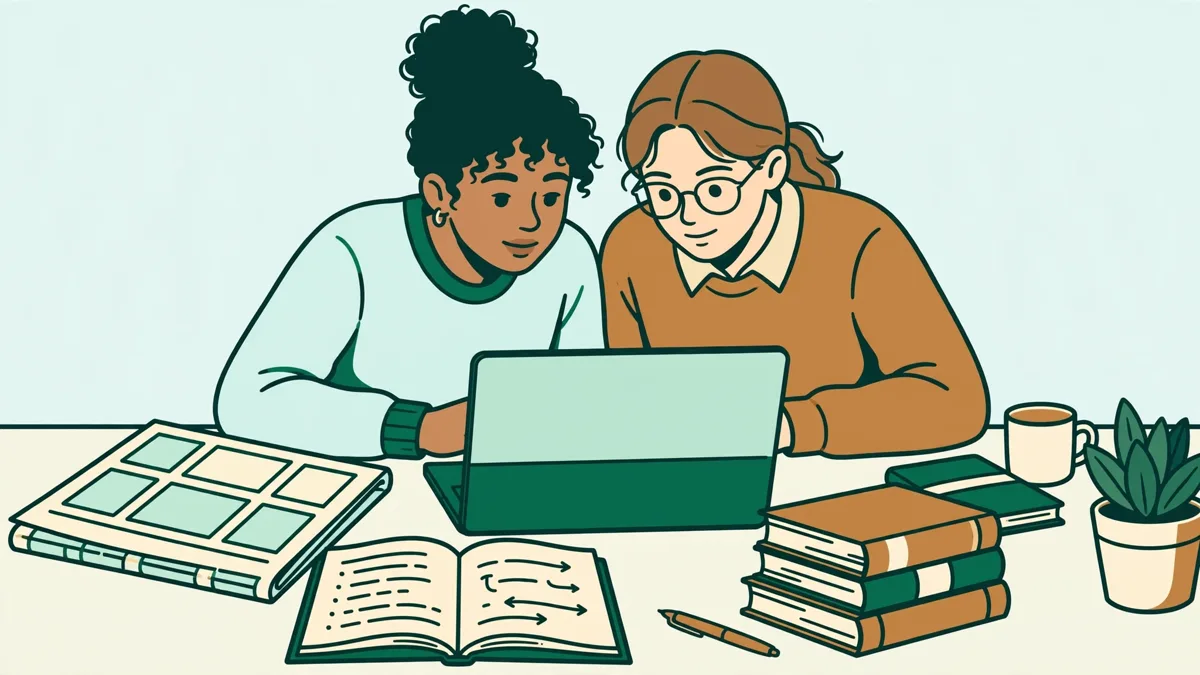 Deux étudiantes devant un ordinateur portable comparent un article de presse turque et sa traduction française en prenant des notes