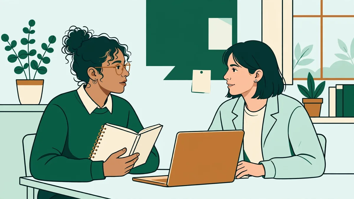 Deux étudiantes en LEA en train de répéter un dialogue, l'une avec un carnet en portugais, l'autre avec un ordinateur, en salle de cours