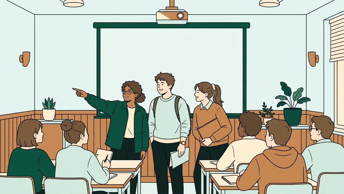 Trois étudiants en LEA présentant un exposé en anglais devant leur groupe, avec un diaporama de projet commercial