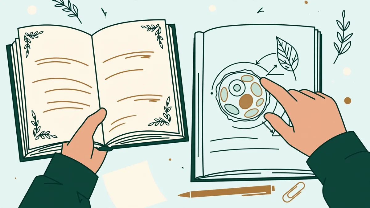 Une étudiante à son bureau qui alterne entre un roman en langue étrangère annoté et un cahier de sciences avec schémas.