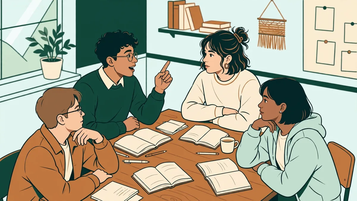 Quatre étudiants autour d'une table qui débattent en petit groupe, livres ouverts et carnets devant eux, l'une d'elles prend la parole.