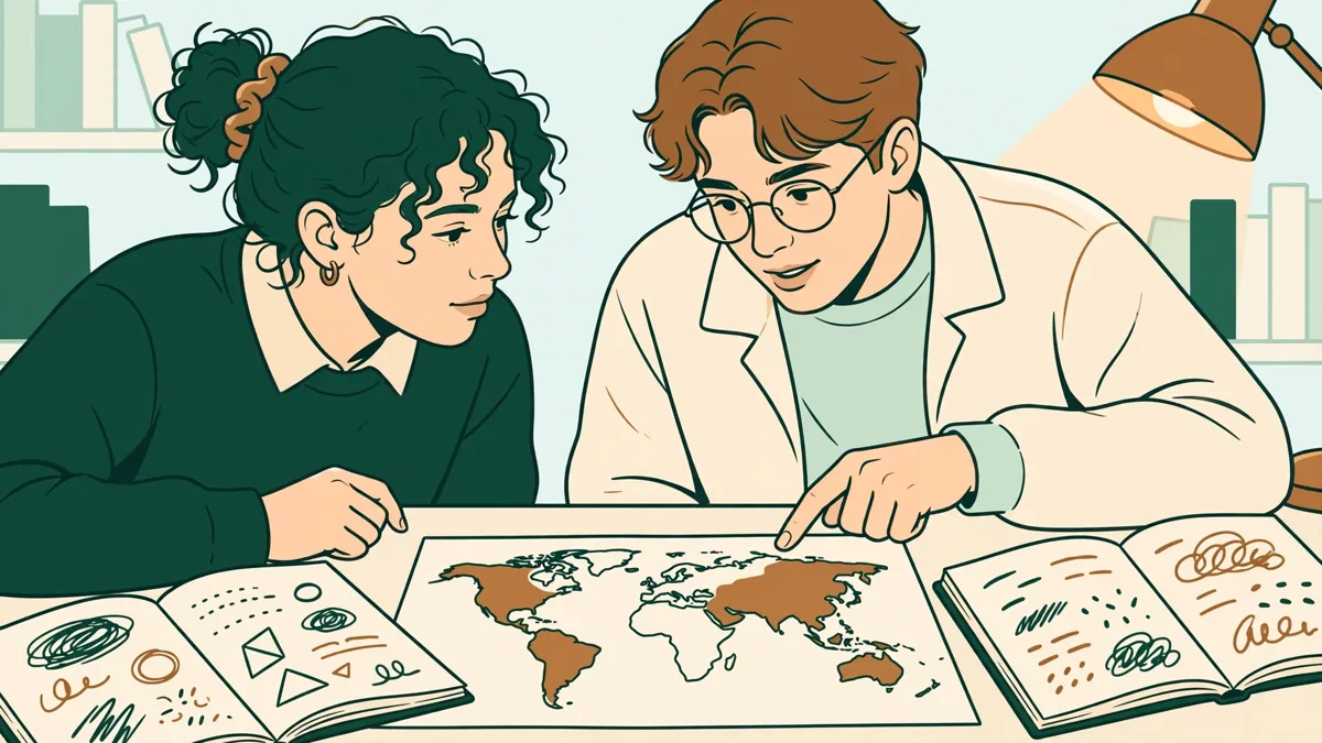 Illustration dessinée : deux étudiantes qui révisent ensemble à une table de bibliothèque universitaire, carnets ouverts et carte du monde stylisée sans texte, l'une montrant un passage à l'autre.