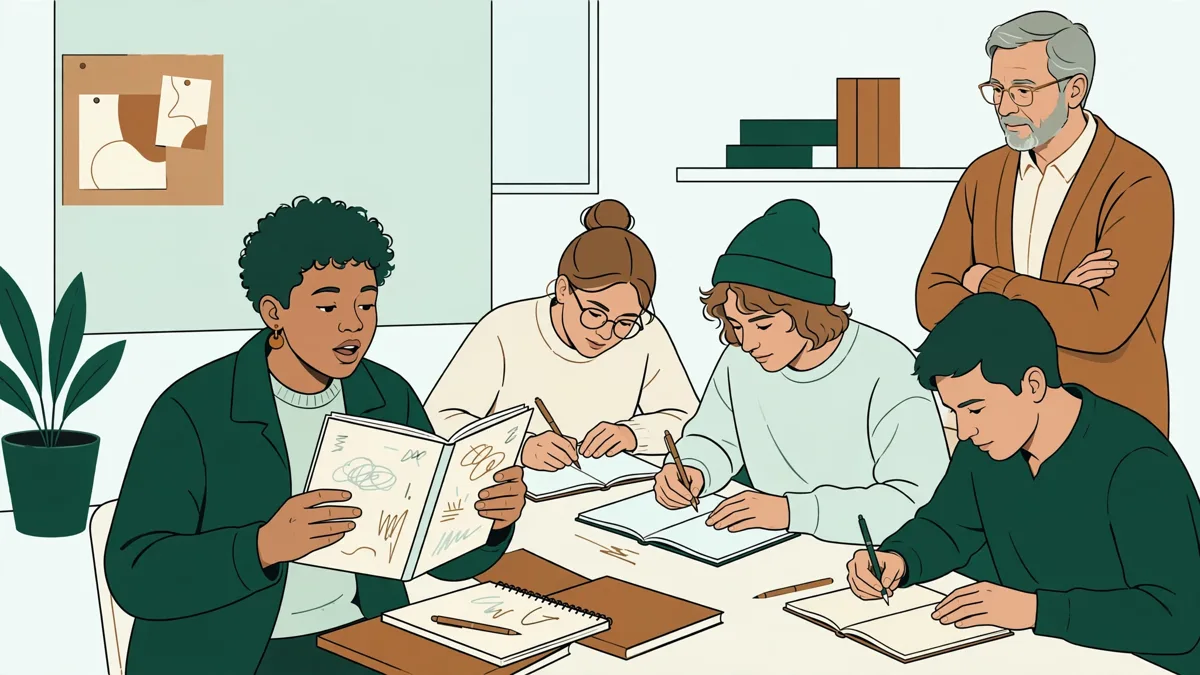 Illustration dessinée : des étudiants en petit groupe de travaux dirigés, l'un lit à voix haute pendant que les autres suivent et prennent des notes, un enseignant écoute à côté.