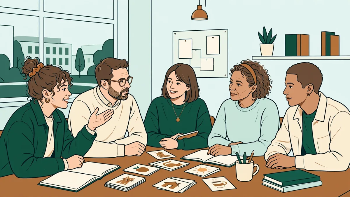 Illustration dessinée : des étudiants animent une mini-leçon de français pour de petits groupes d'adultes autour d'une table, avec carnets et tableau blanc.