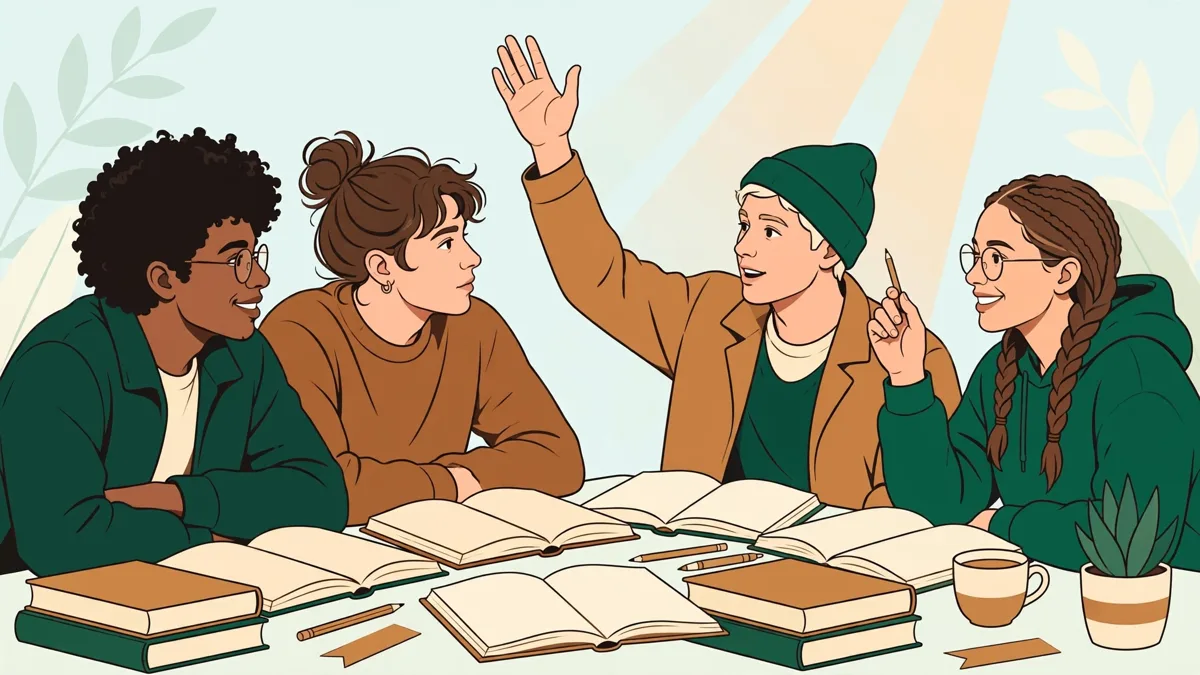 Illustration dessinée : des étudiants débattent autour d'une table avec des livres ouverts et des carnets, l'une lève la main pour intervenir.