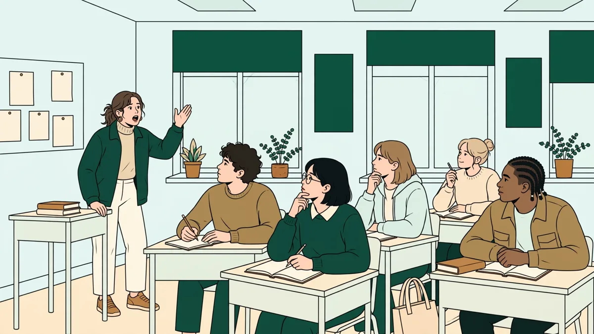 Étudiantes et étudiants en débat animé dans une salle de cours, l'une debout qui argumente pendant que les autres prennent des notes.
