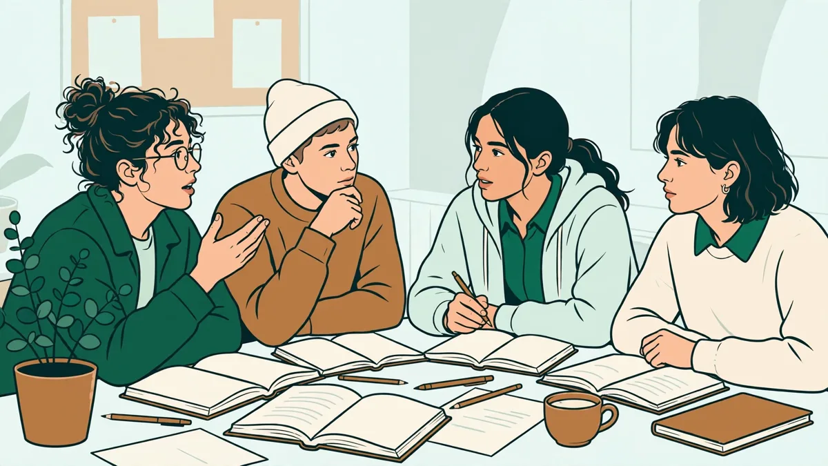 Petit groupe d'étudiants qui discutent d'un texte en espagnol autour d'une table, livres ouverts et carnets pleins de notes.