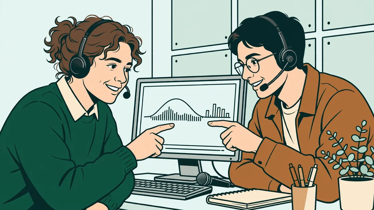 Deux etudiantes au casque devant un ordinateur qui s'enregistrent et comparent leurs courbes de voix en TP.