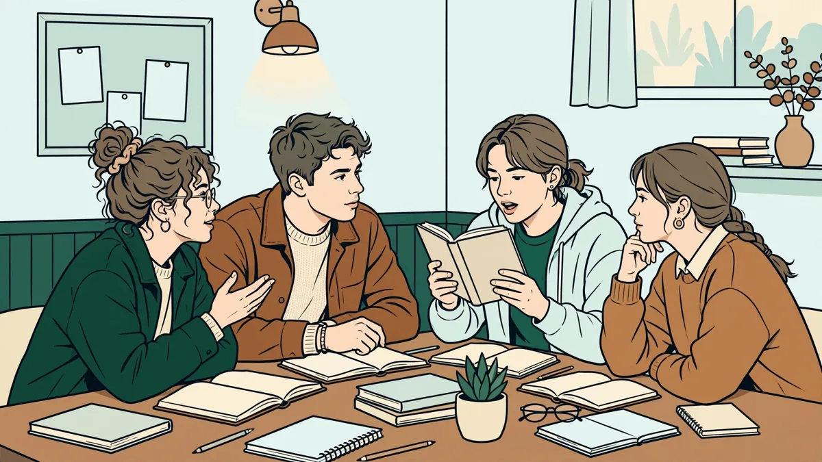 Des étudiants en petit groupe qui débattent d'un texte italien autour d'une table, livres ouverts et carnets.